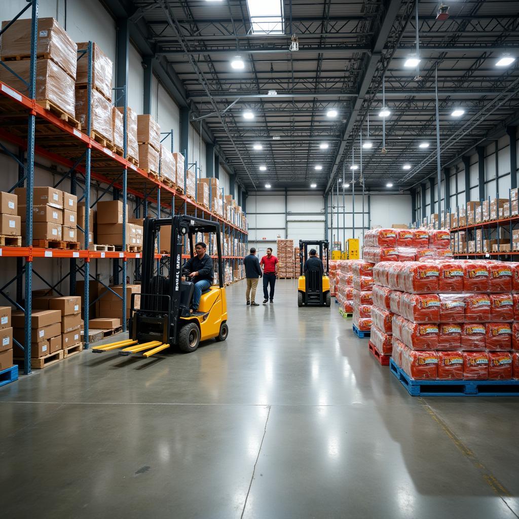 A bustling food distribution warehouse with workers loading and unloading pallets of goods