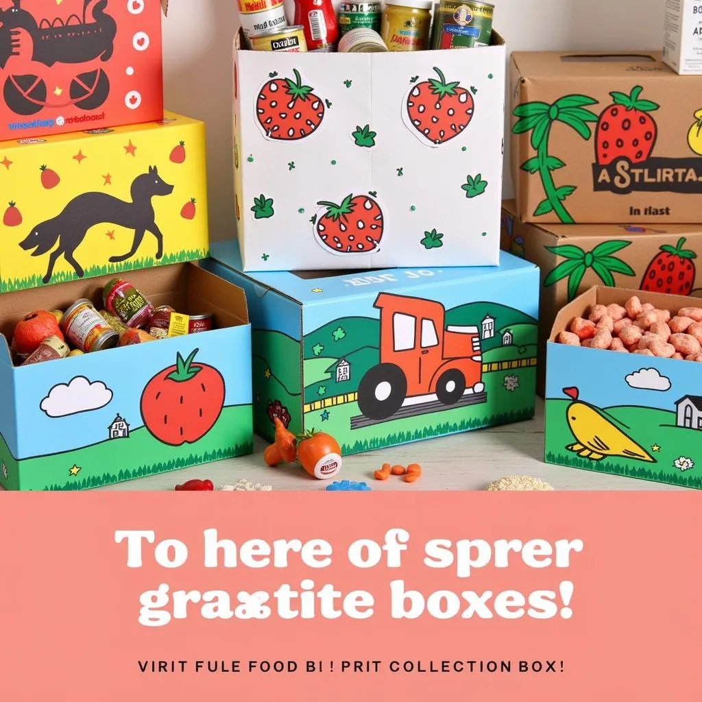 Colorful collection boxes for a food drive competition