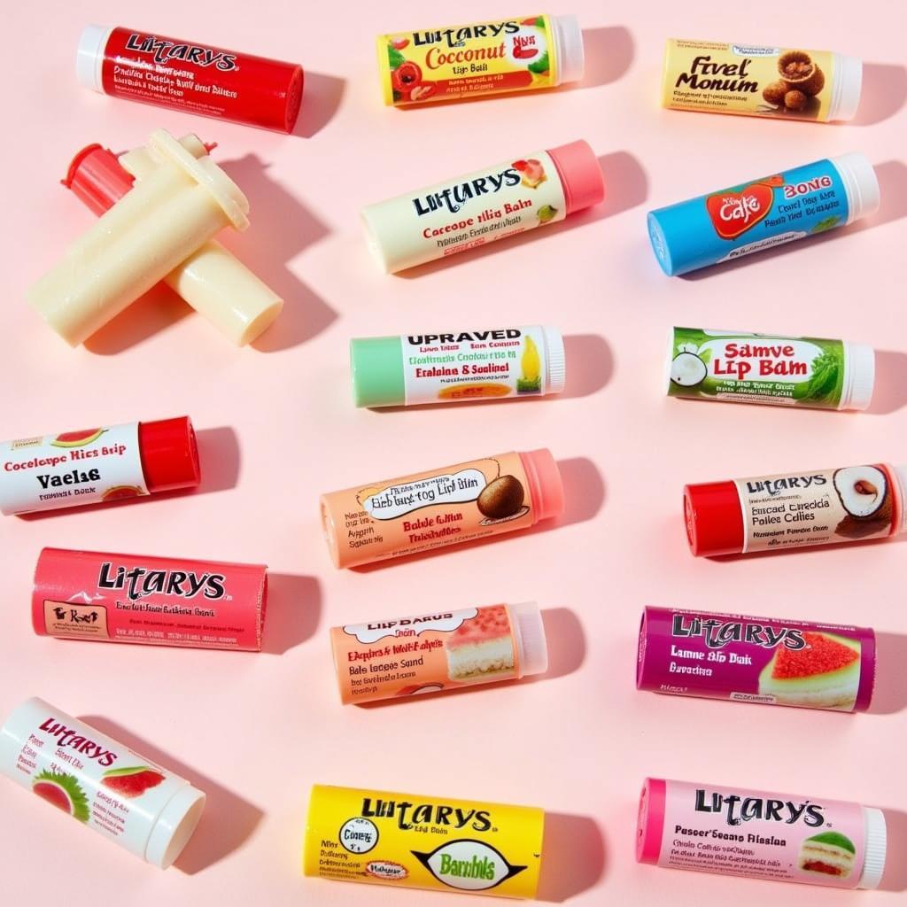 An array of colorful food flavored lip balms