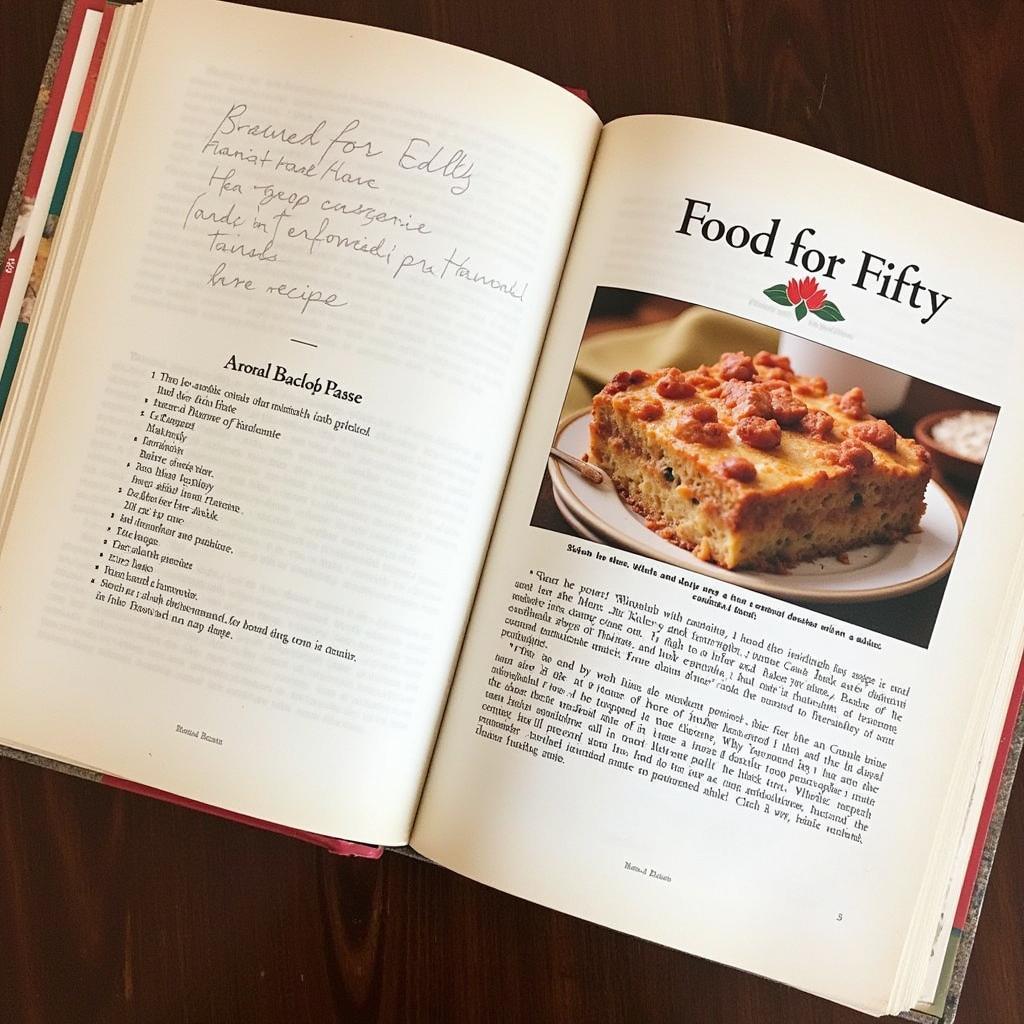 Open cookbook with recipes for fifty people