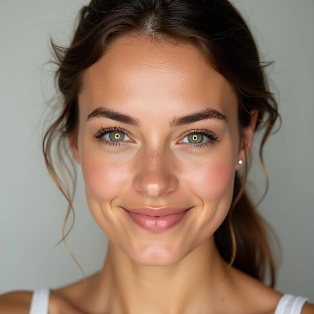 A woman with radiant, glowing skin smiles