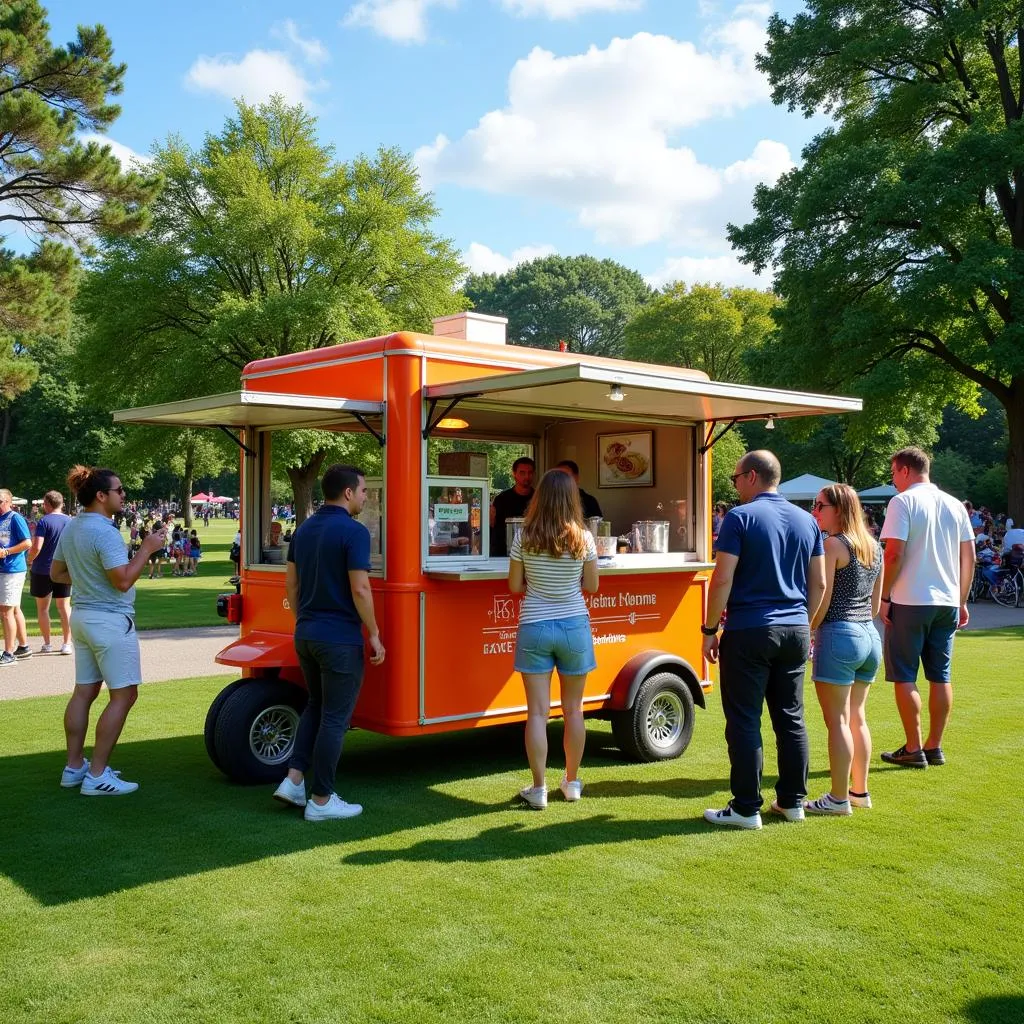 A vibrant food golf cart serving customers in a park setting.