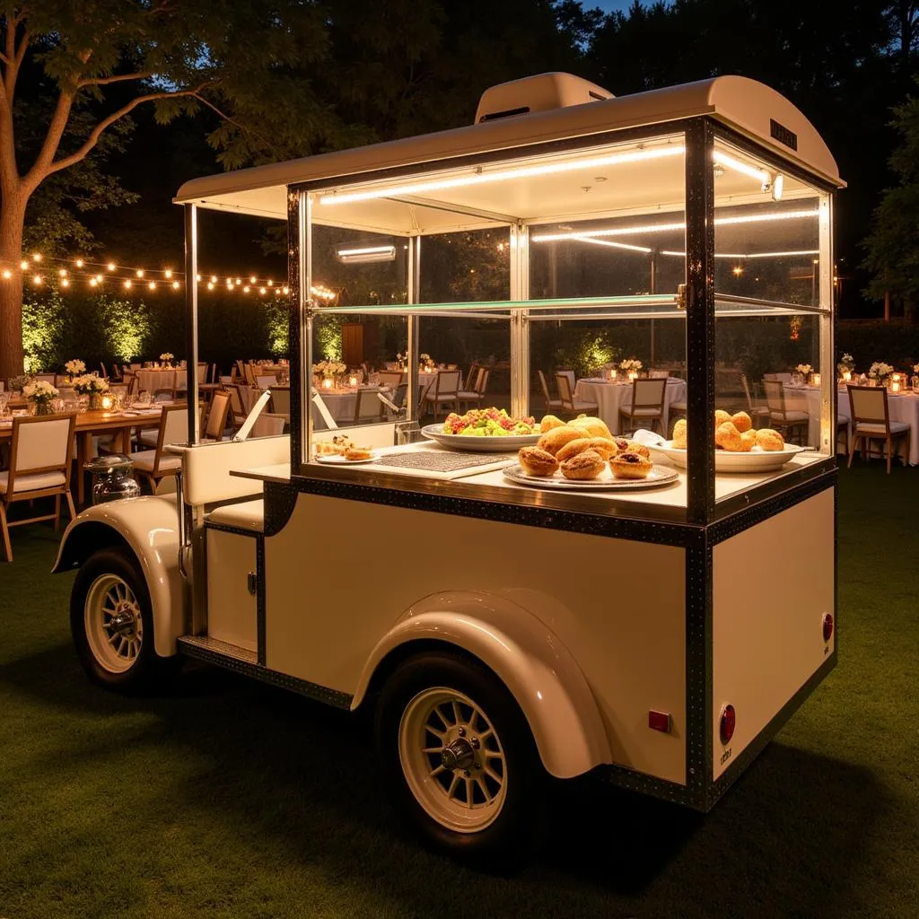 A stylish food golf cart catering a private event.