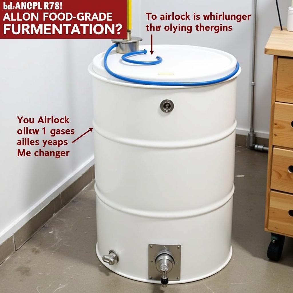 A 50-gallon food-grade barrel set up for fermentation, with an airlock and spigot.