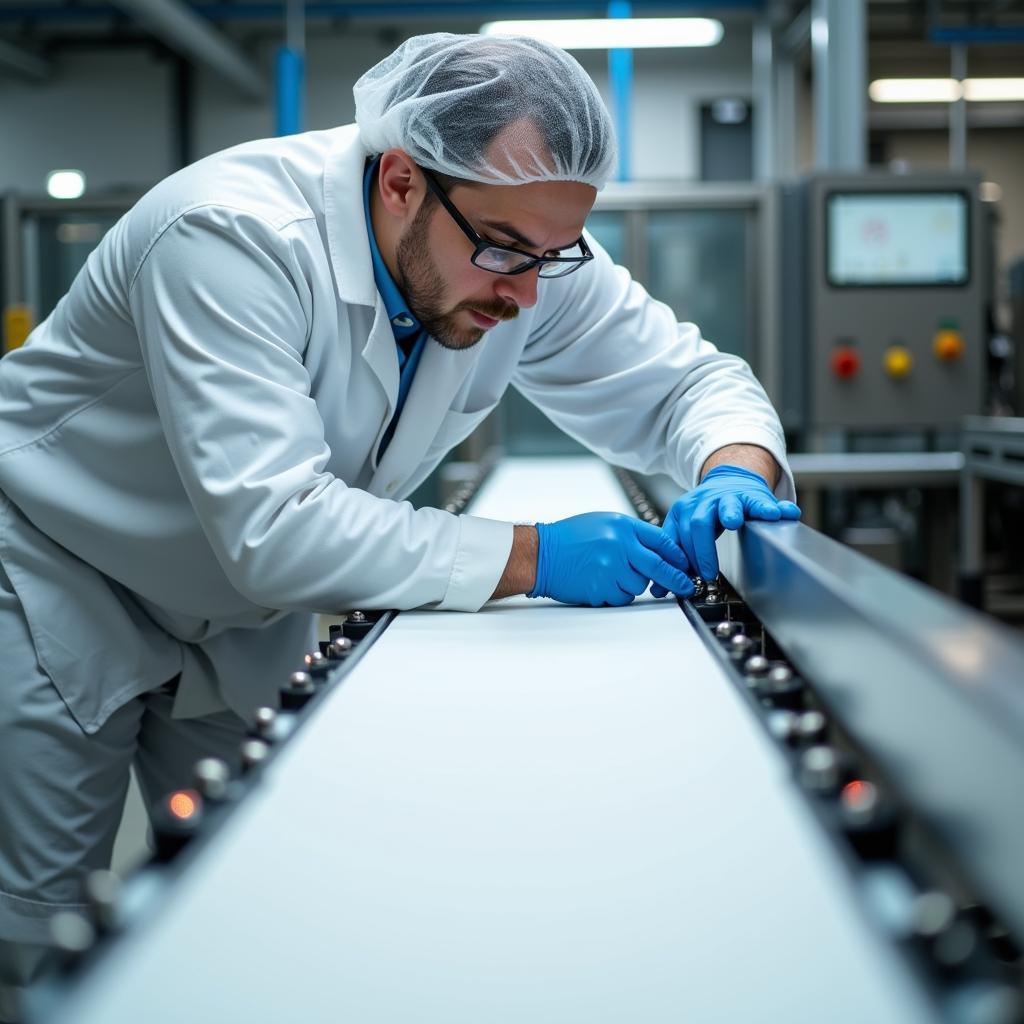 A technician in a hairnet and gloves meticulously inspecting a food-grade belt conveyor system