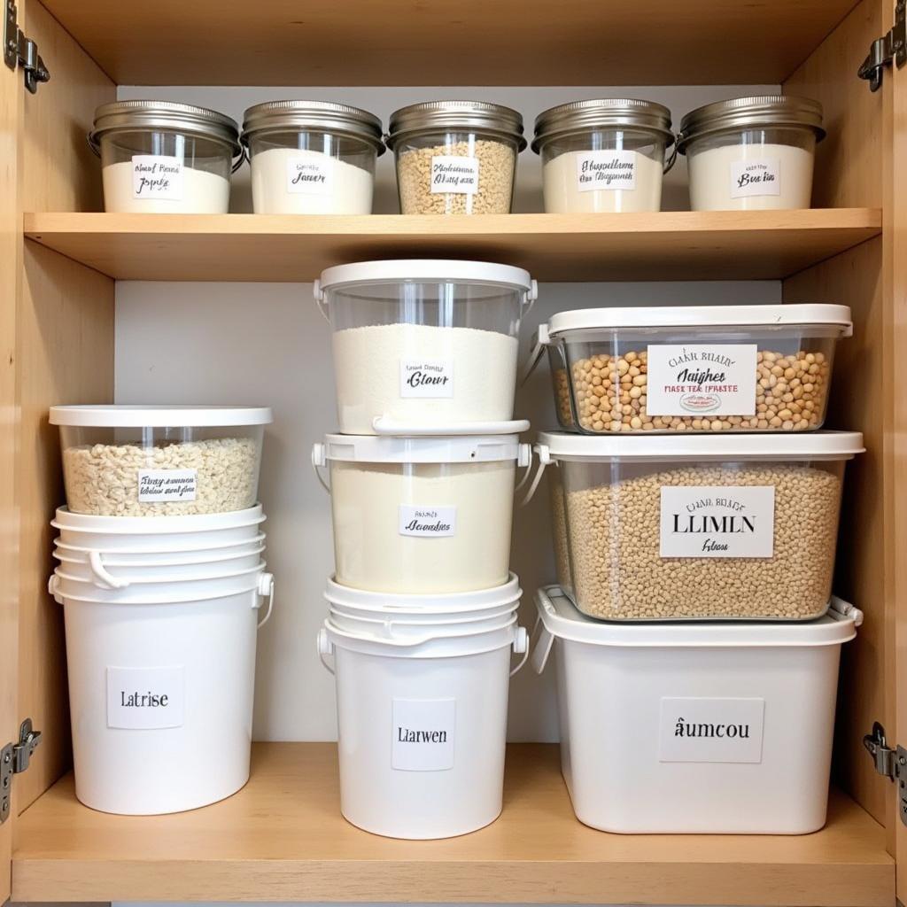 Food grade buckets neatly organized in a pantry