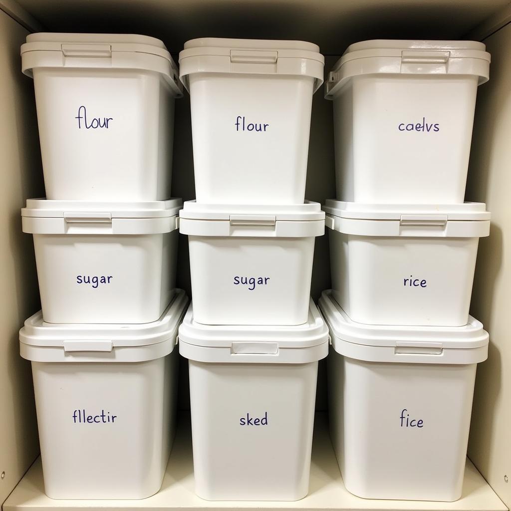 Food grade square buckets neatly labeled with different ingredients.