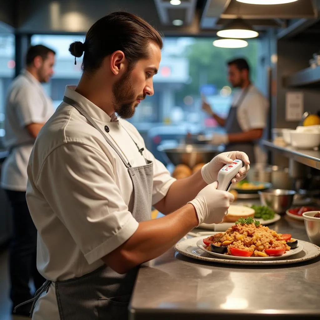 Food Handler Following HACCP Principles in a Busy Kitchen