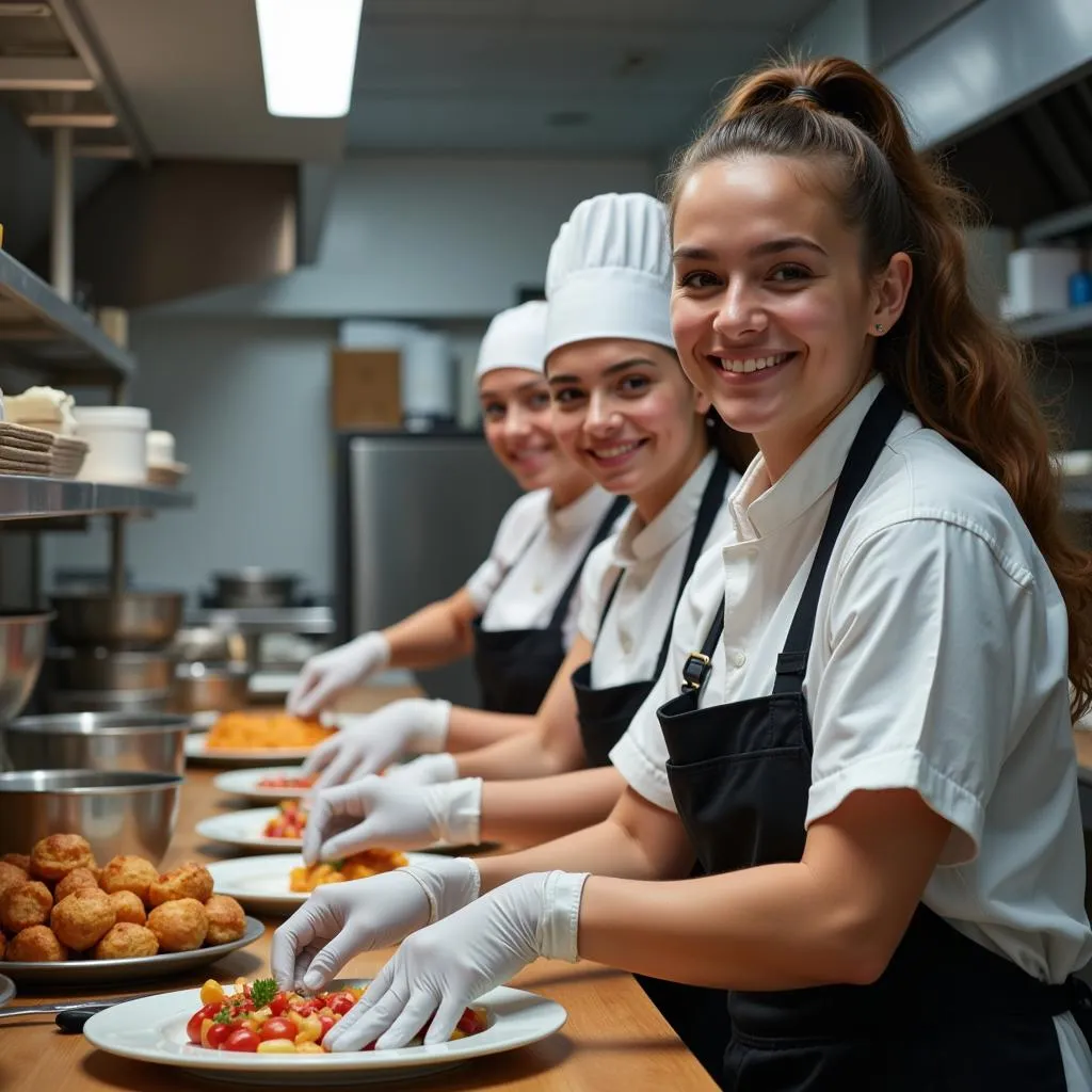 Food handlers wearing gloves