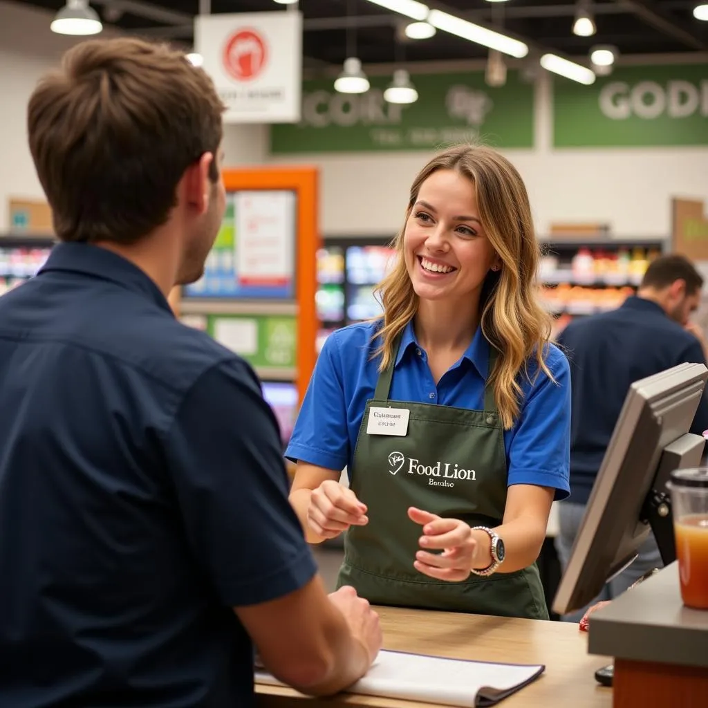 Food Lion cashier greeting a customer with a smile