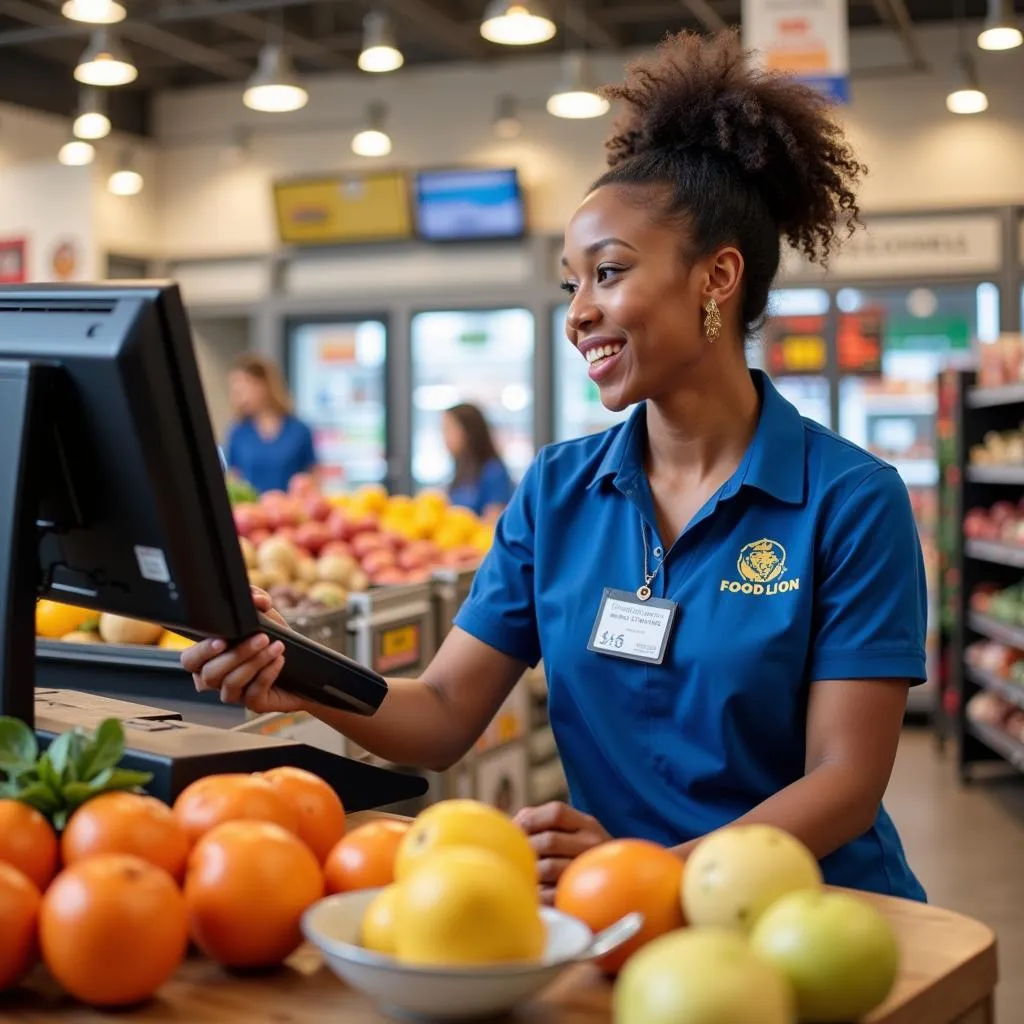 Food Lion cashier scanning groceries efficiently at the checkout