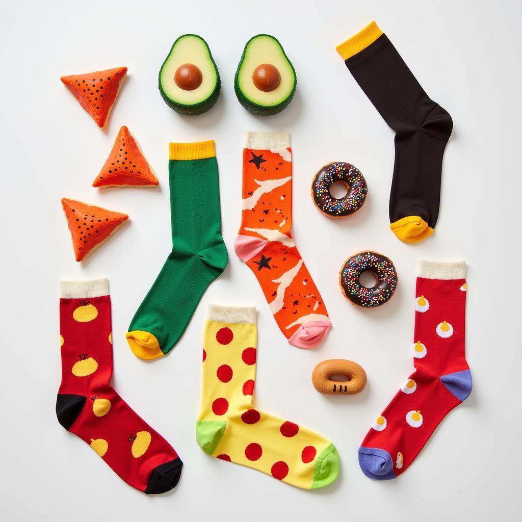 Colorful food novelty socks featuring different food items like pizza, sushi, and donuts