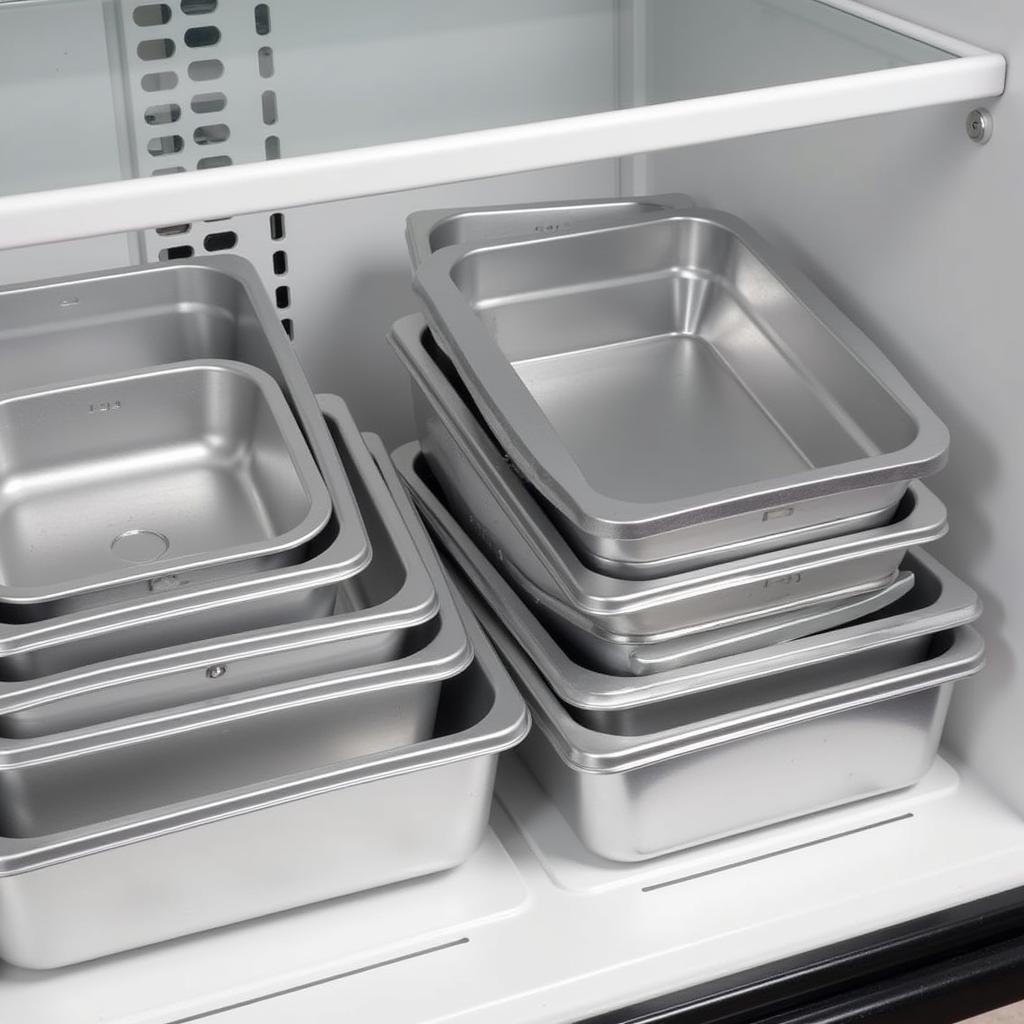 Various size food pans neatly organized in a commercial refrigerator