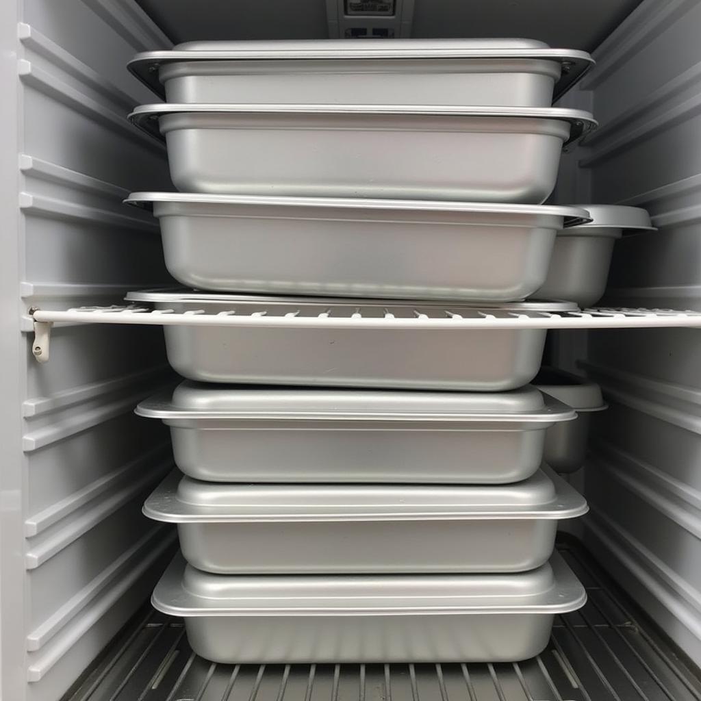 Food Pans with Lids Stacked Neatly in a Commercial Refrigerator