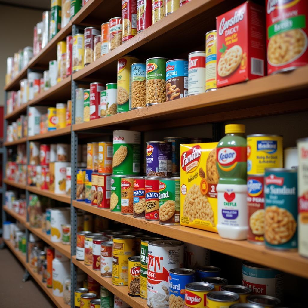 Shelves filled with donated food items at a Seguin food pantry