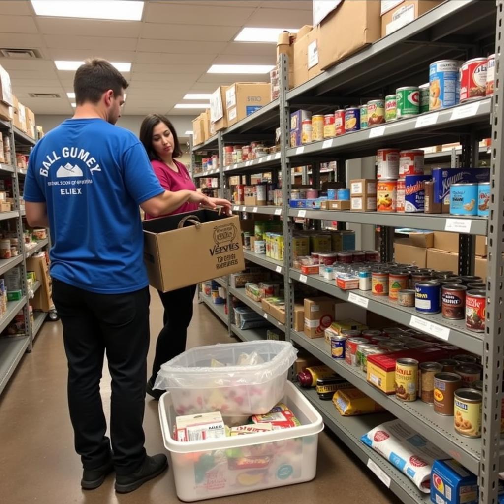 Volunteers organizing food donations at a food pantry