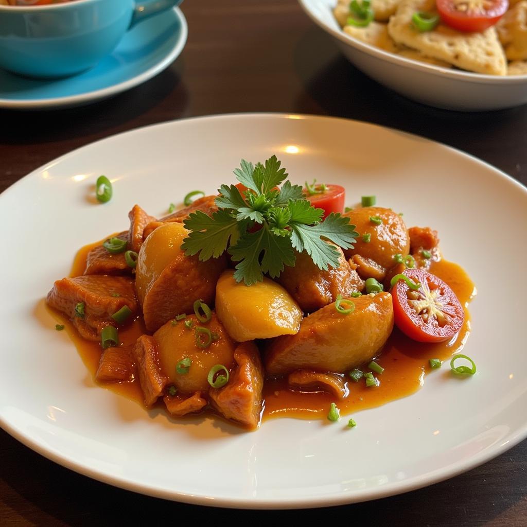  A flat lay photograph of a beautifully plated dish, with props like fresh herbs and rustic cutlery enhancing the visual appeal.