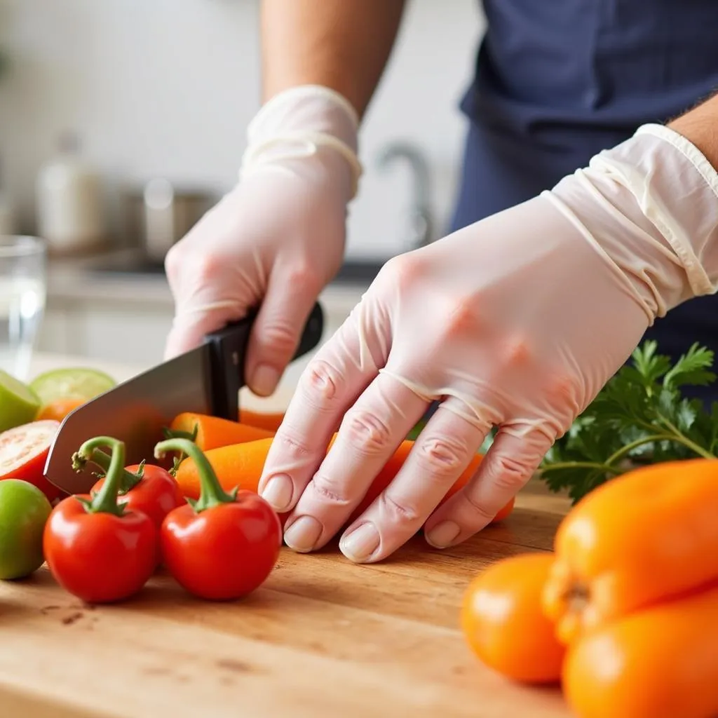 Hands wearing disposable gloves while chopping colorful vegetables on a cutting board