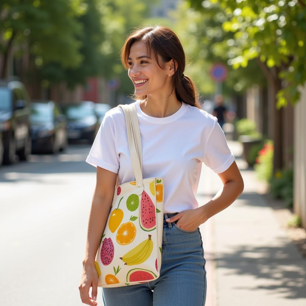 Woman Carrying a Food Print Fabric Tote Bag