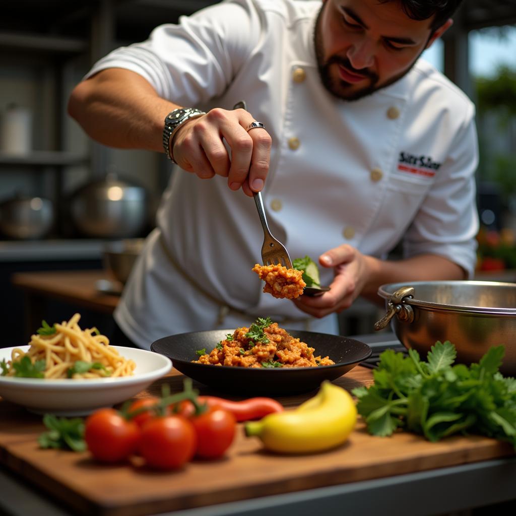 A chef expertly prepares a dish at a food rolling cart