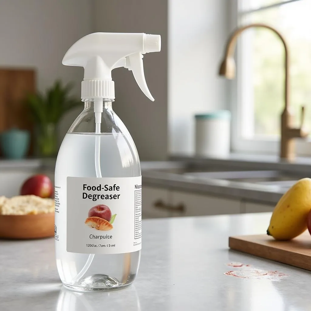 Spray bottle of food-safe degreaser on a kitchen counter