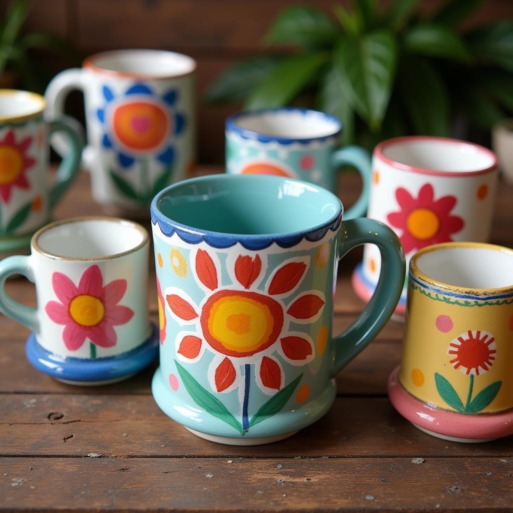 Ceramic mugs painted with colorful designs