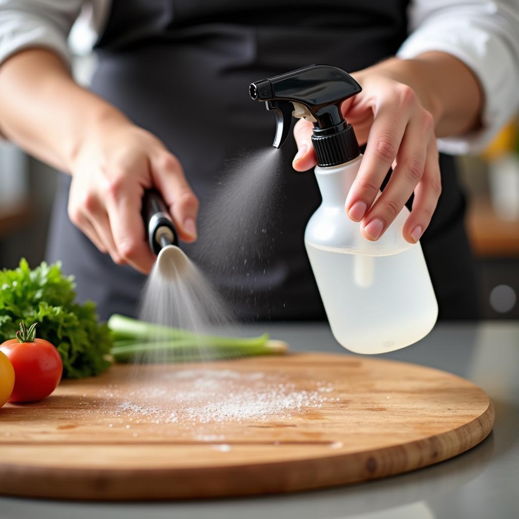 Food Safe Sanitizer Spray on Cutting Board