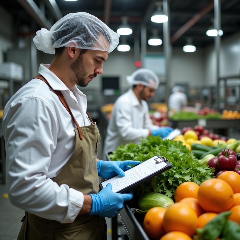 Image depicting a food safety inspector meticulously examining produce in a processing facility