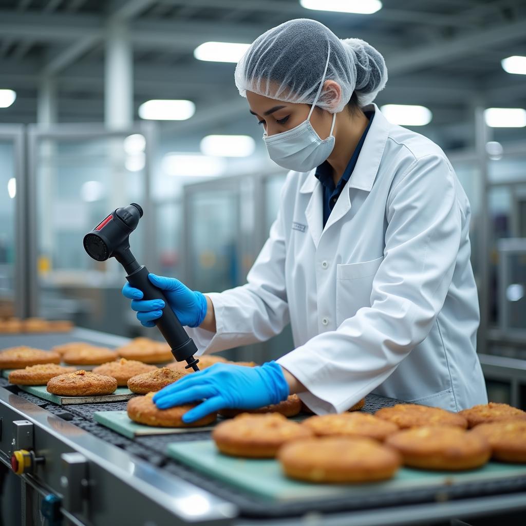 Food safety inspector using a metal detector wand on a conveyor belt in a food processing facility