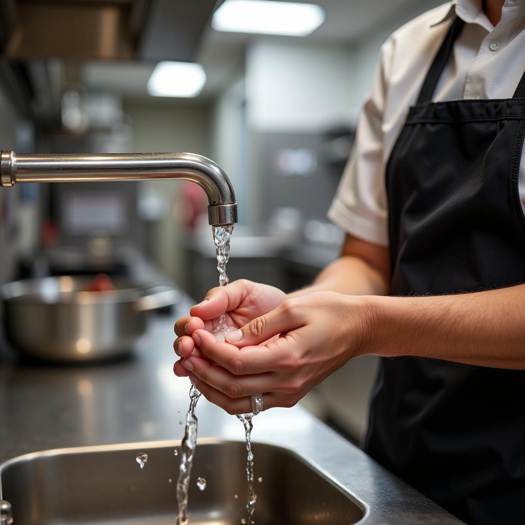 A food service worker demonstrating proper handwashing techniques