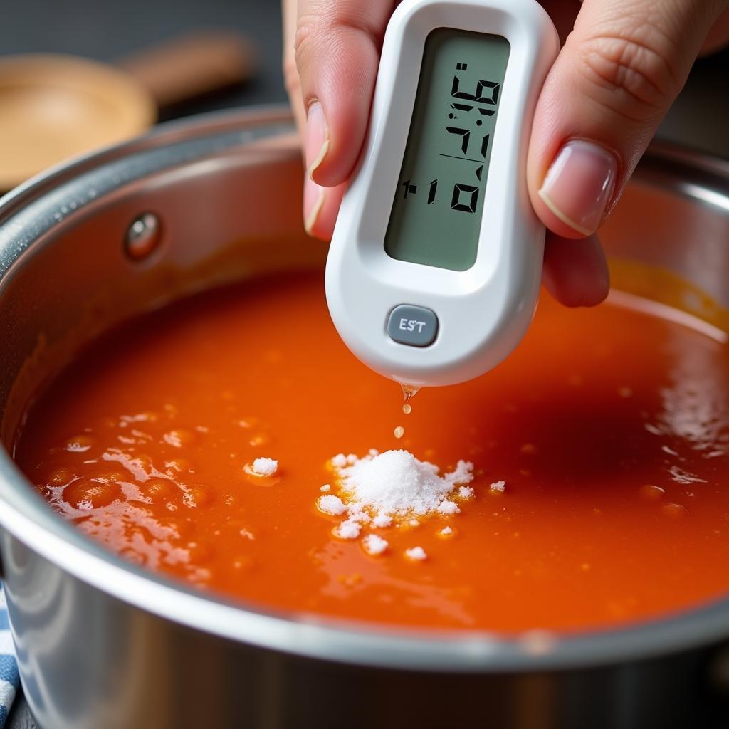 Food salt tester being used to check the salinity of a soup