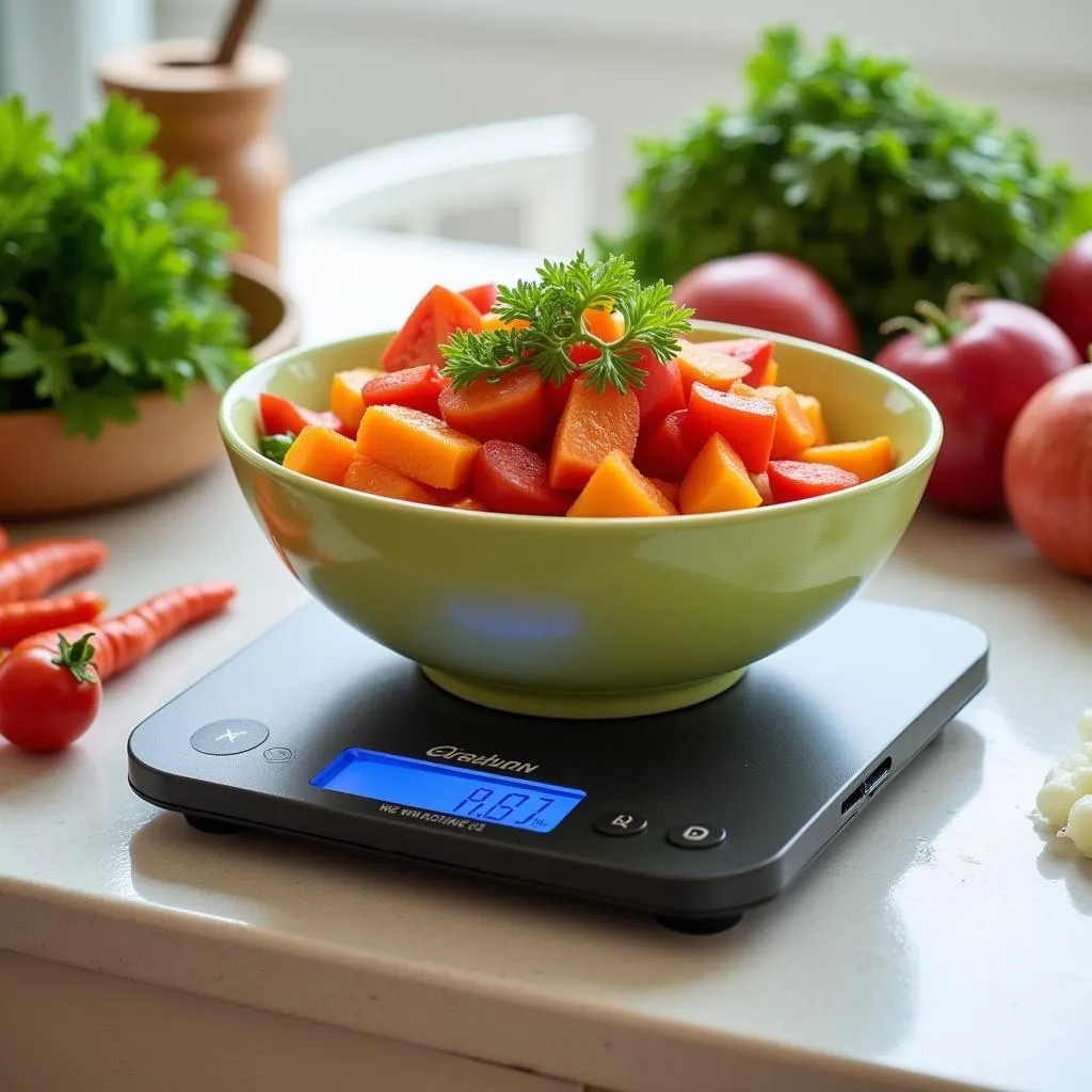 Using a food scale to accurately measure ingredients for a recipe.