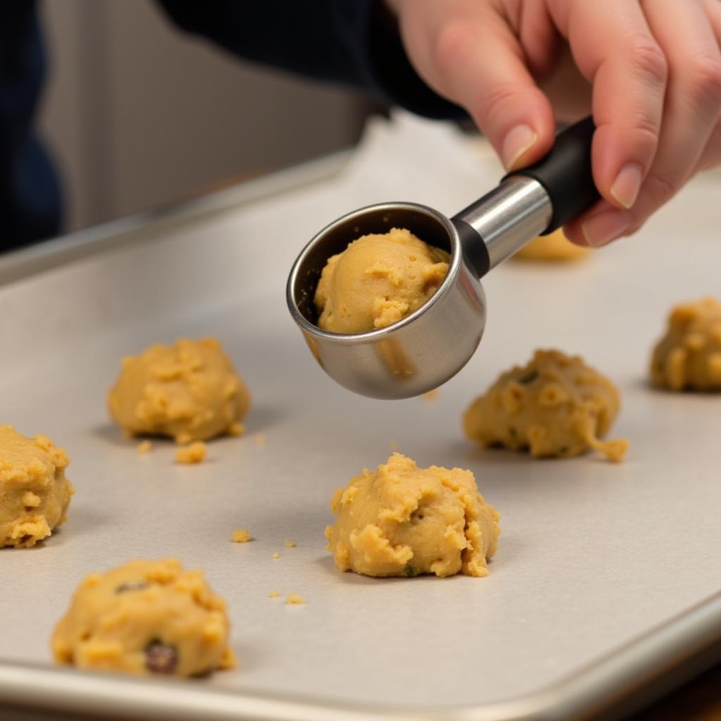 Scooping cookie dough with food scooper