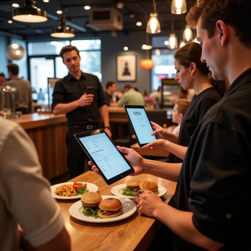 Restaurant staff using tablets for orders