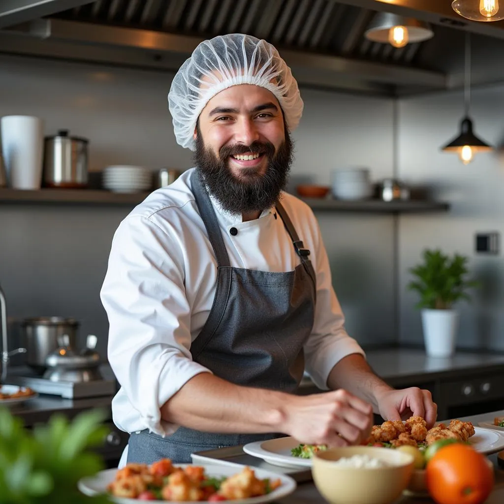 Food Service Worker Wearing a Beard Net