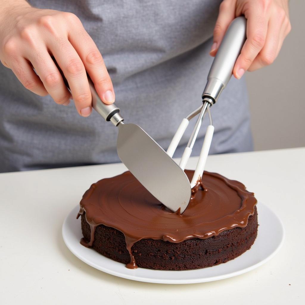 Using a food spreader to frost a cake