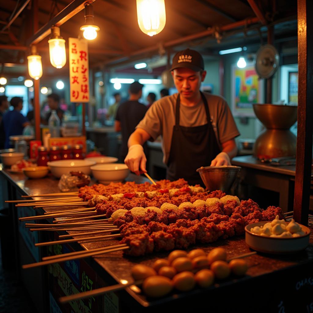 A bustling food stall at a night market, illuminated by string lights, with a vendor preparing a dish