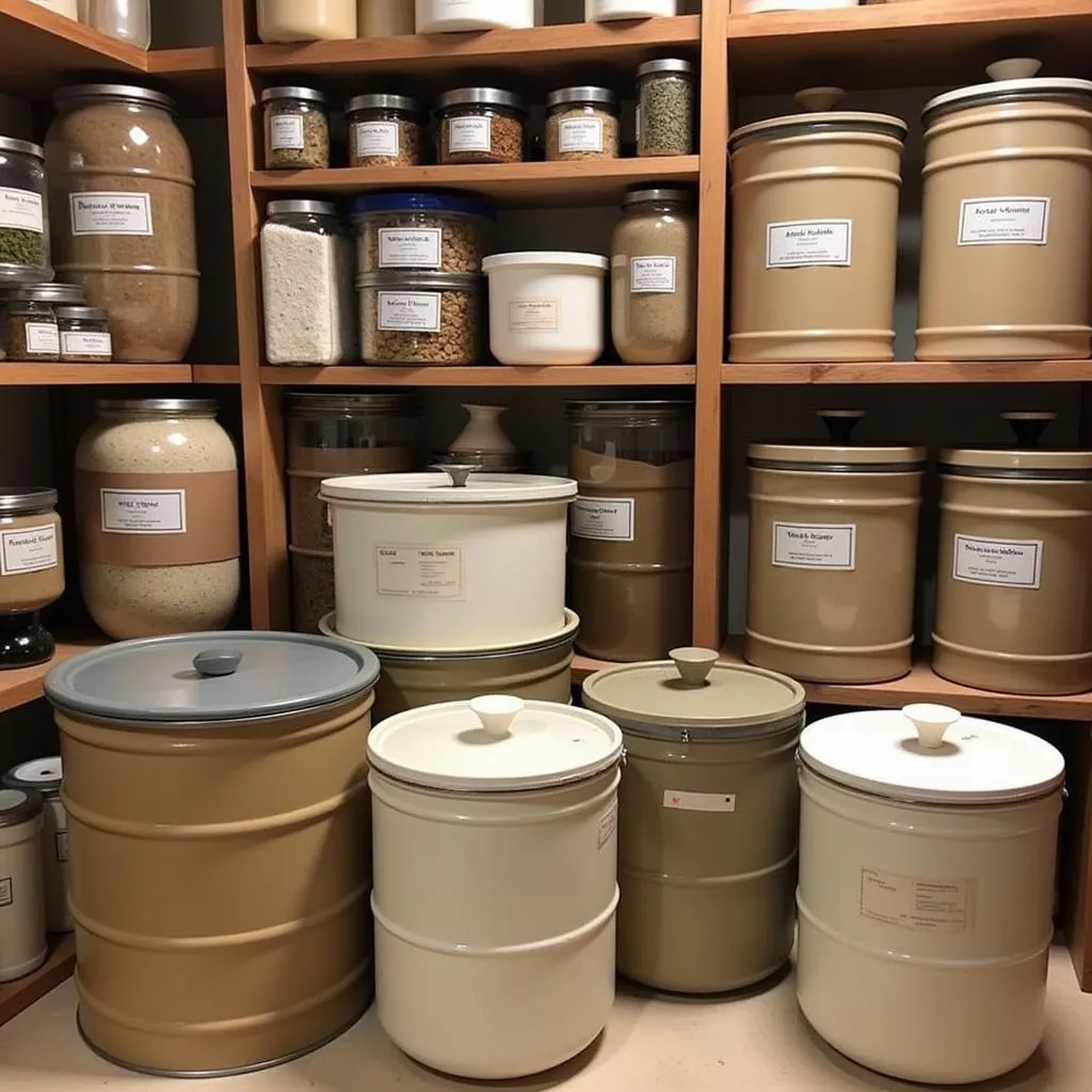 Food storage barrels neatly organized in a pantry