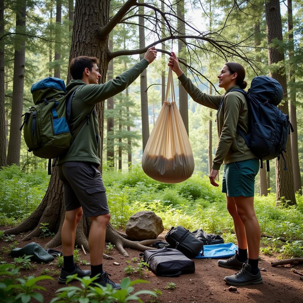 Backpackers hanging a food bag