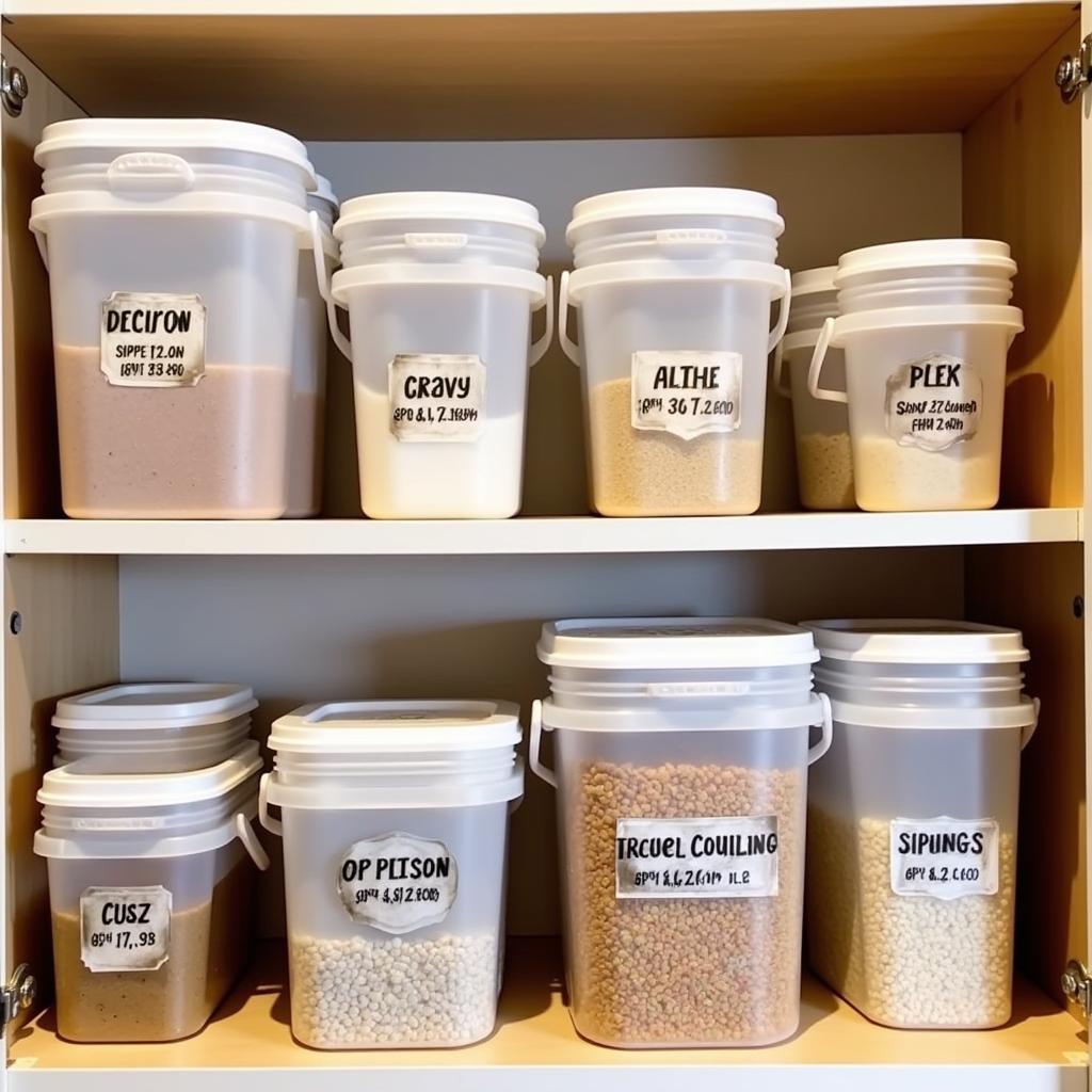 Food storage buckets with screw-on lids neatly organized in a pantry