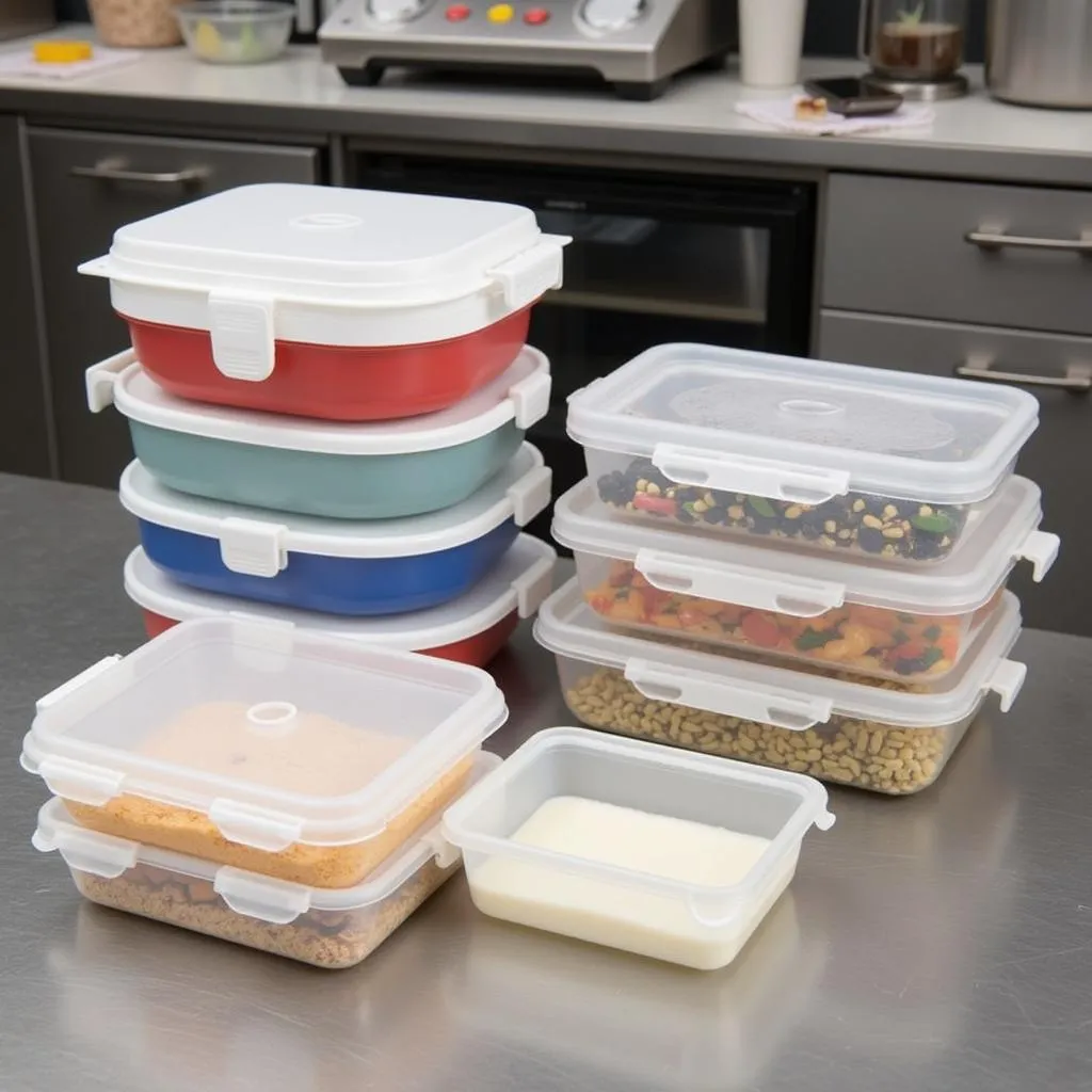 Commercial food storage containers in a kitchen