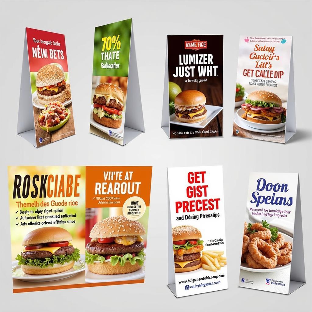 Colorful food table tents showcasing various menu items and promotions