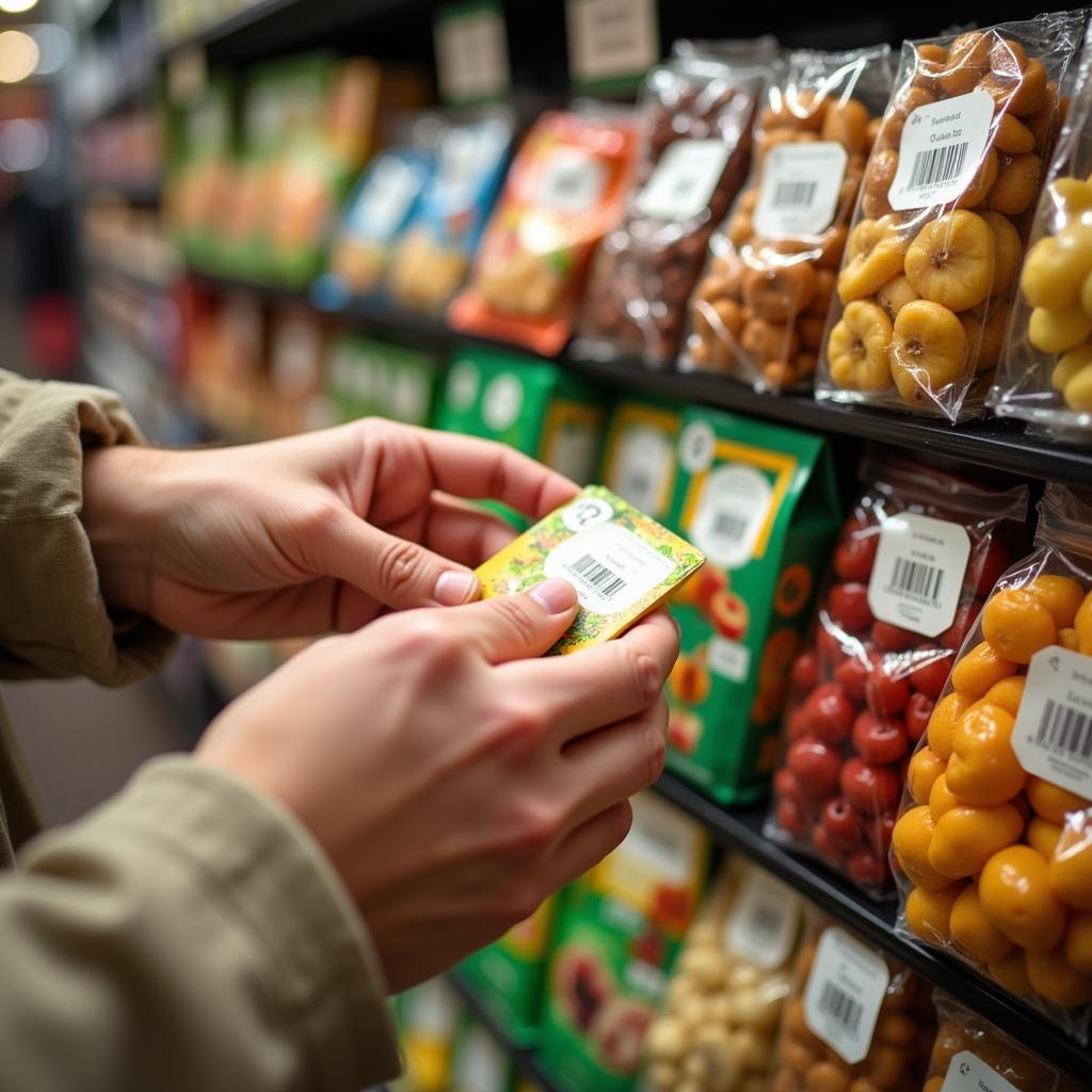 Hands Selecting Food Tabs in a Store