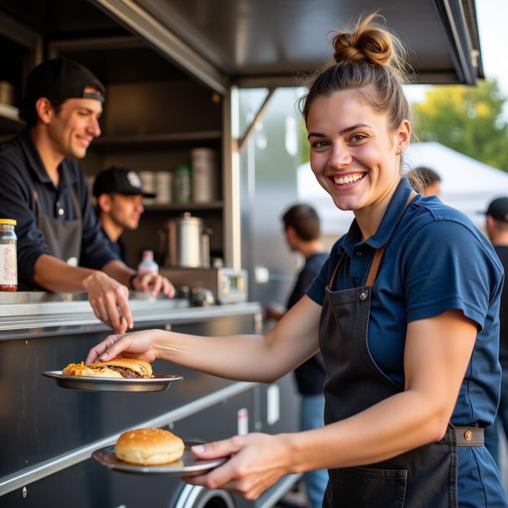 Successful food trailer business owner in Illinois serving customers with a smile