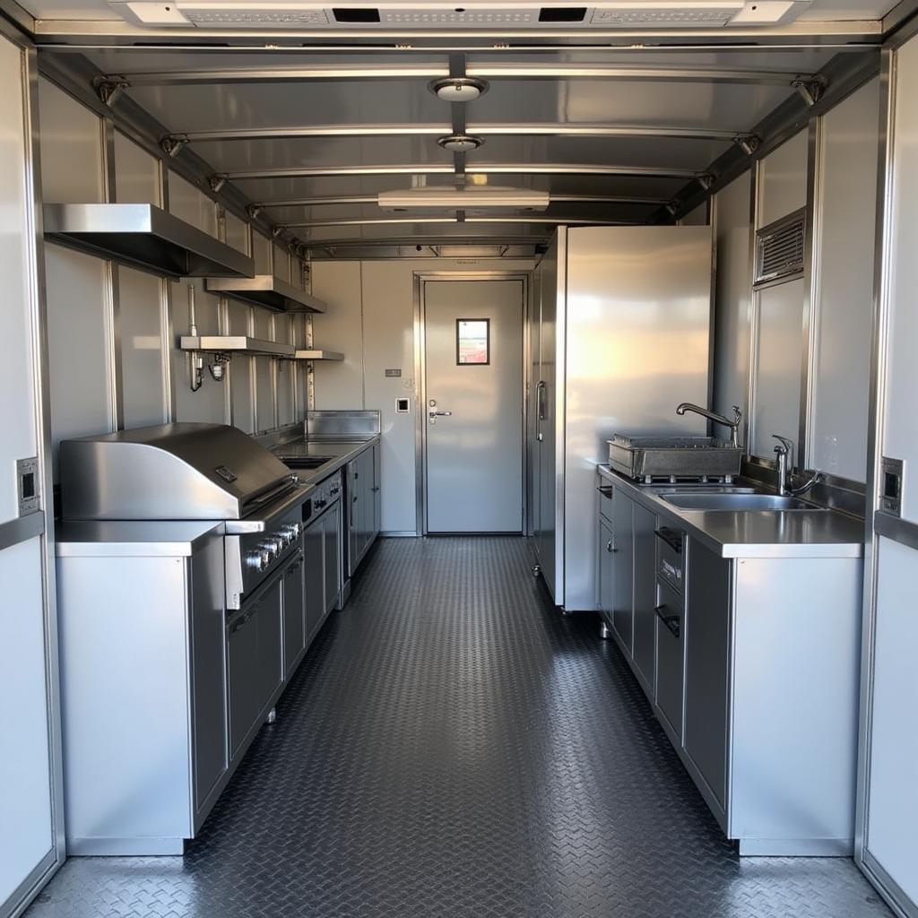 Interior view of a fully equipped food trailer