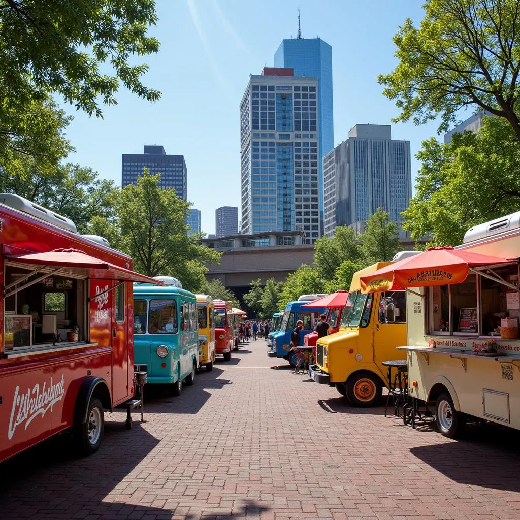 Food trailers parked in a bustling Charlotte, NC, food truck park