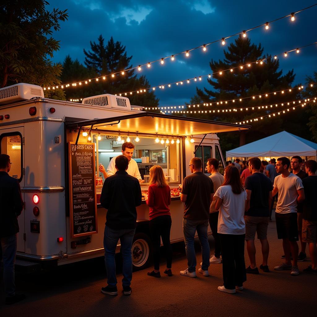  A lively food truck festival with people enjoying a variety of cuisines.