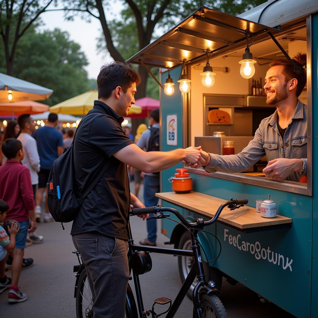 The owner of a food truck bicycle serving customers