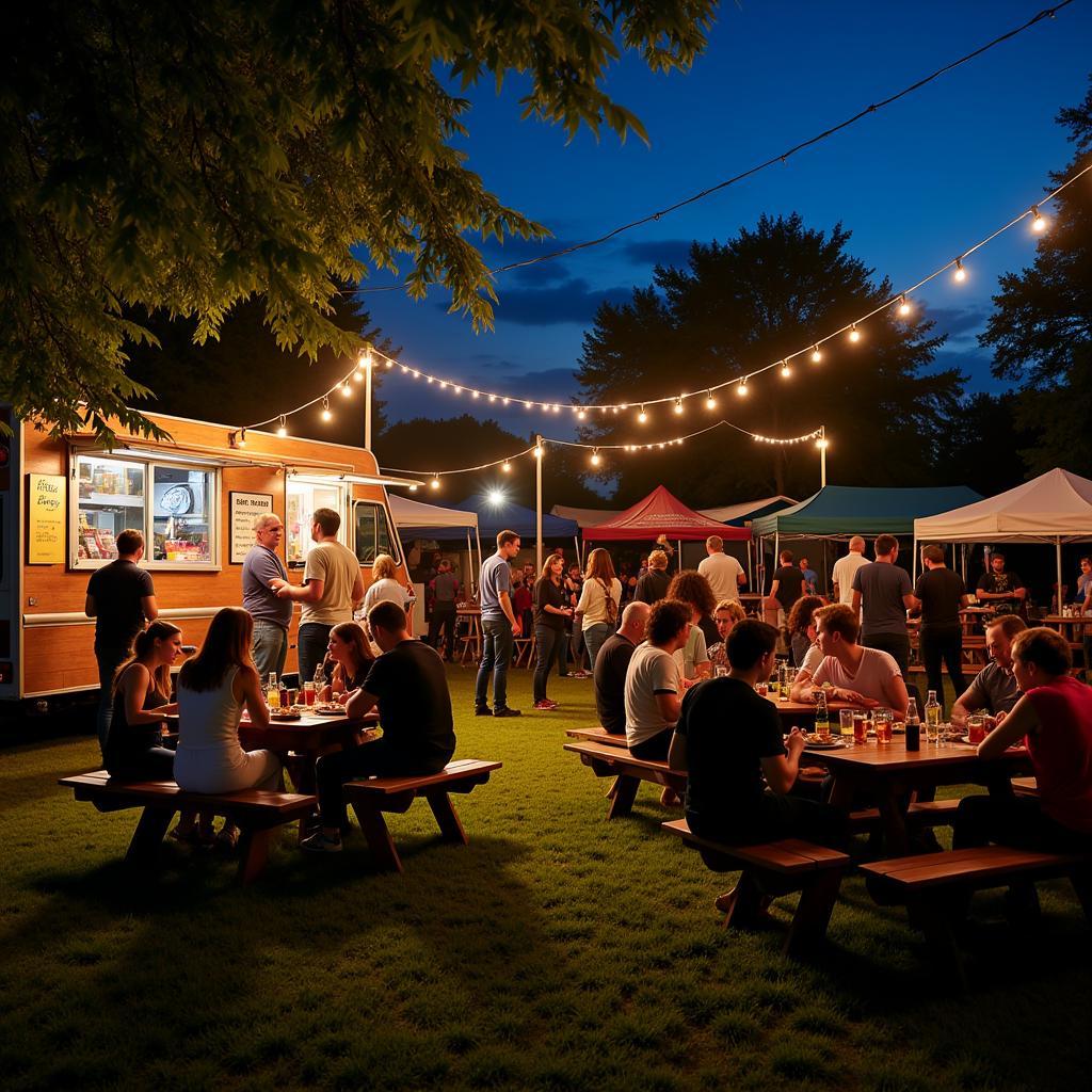 Food trucks serving customers at a Friday night event in Charlottesville