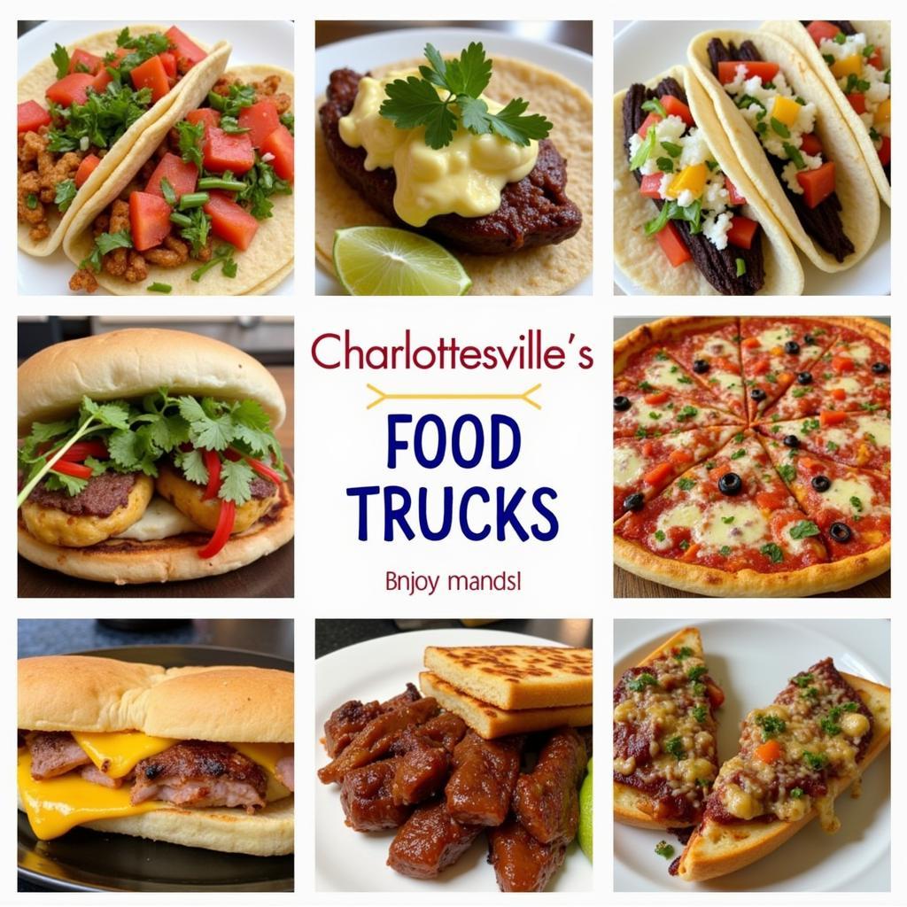 A collage of different cuisines available from food trucks in Charlottesville